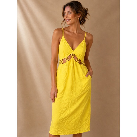 Future Collective Dresses & Skirts - Future Collective Women Dress 2 Yellow Linen Blend Ring Cut-Out Midi Sundress
